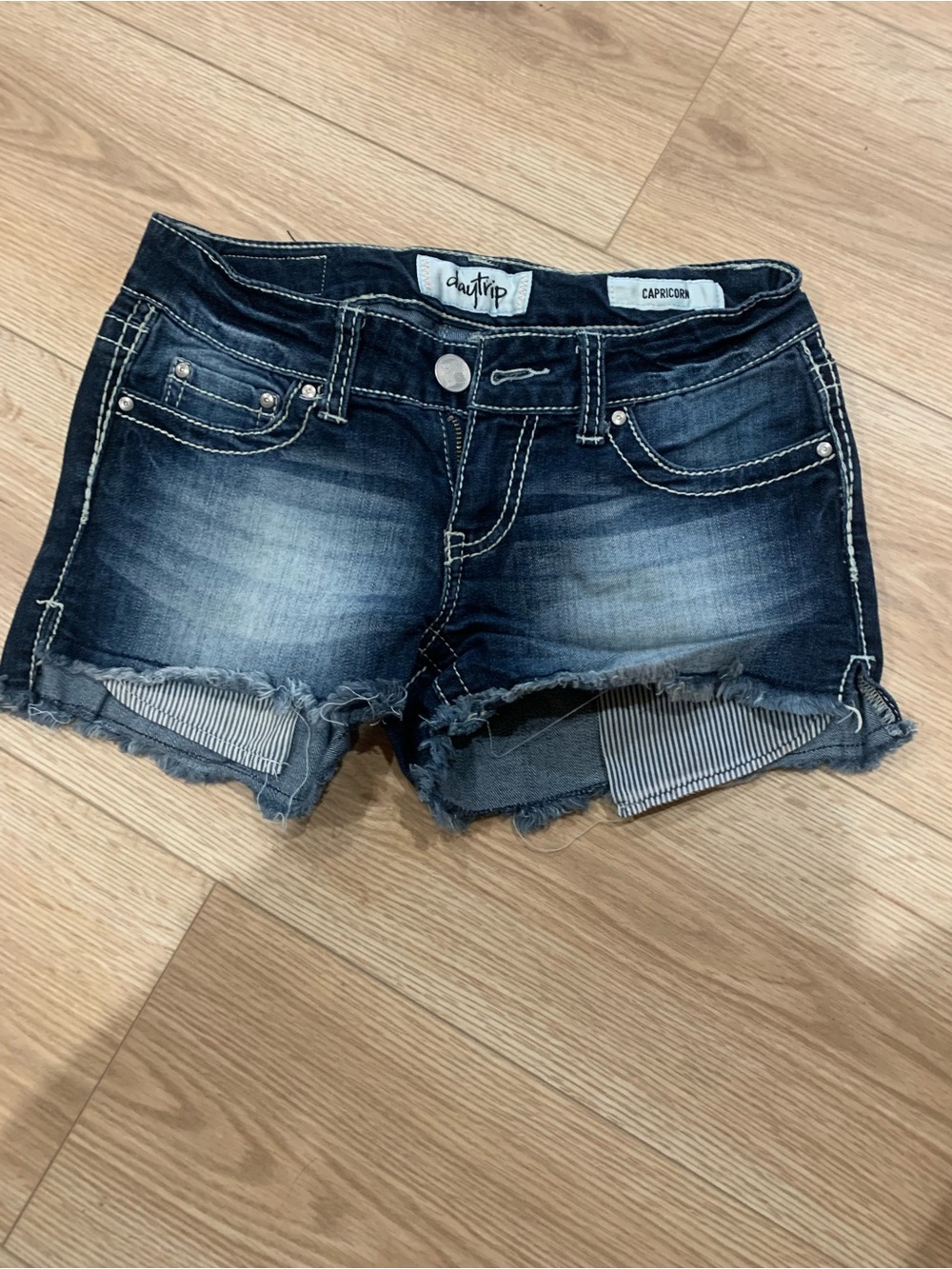 Daytrip Dark Wash Frayed Denim Shorts - Blue